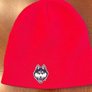 Vibrant Red winter Beanie with UConn Husky Emblem like new